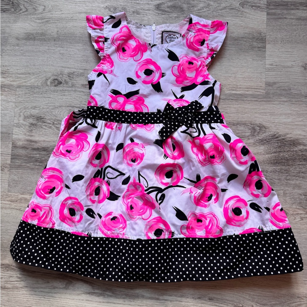 Floral Pink Kids Dress with Polka Dot Trim